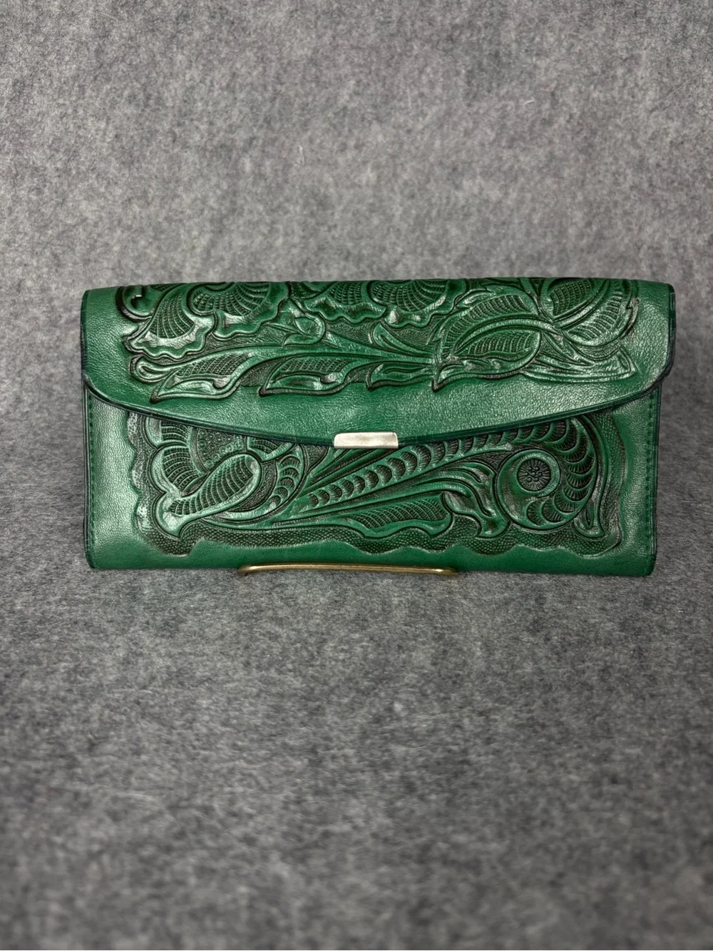 Vintage Green Tooled Leather Floral Western Wallet